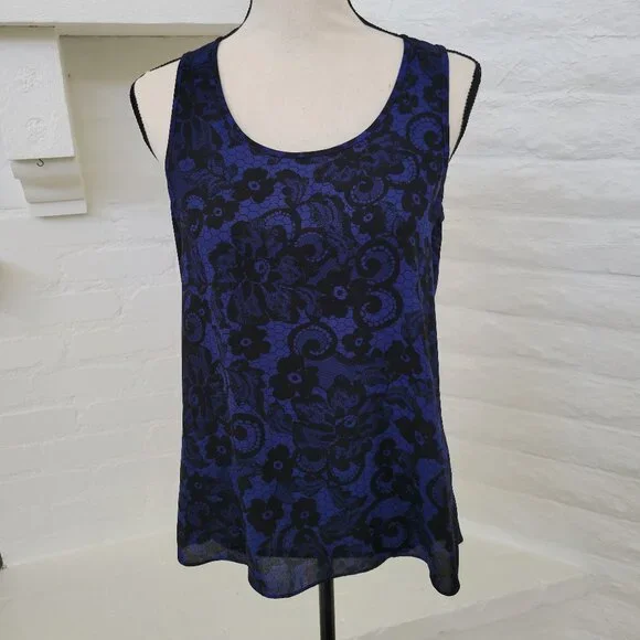 Express Tank Top Womens Small Blue Black Back Slit Navy Floral Sleeveless - Picture 2 of 7
